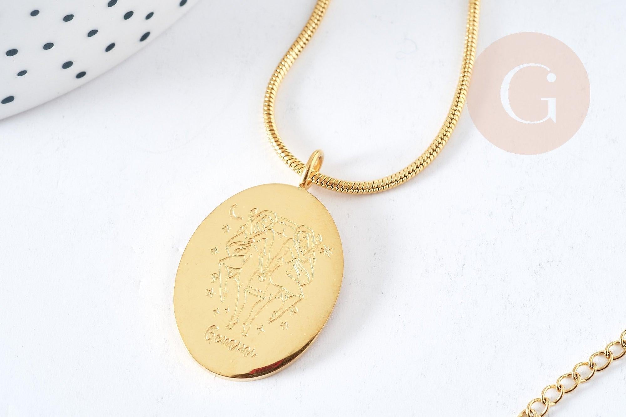 Collier médaille gravée ovale signe astrologique acier 304 inoxydable doré 30x20mm, x1 (G7648)