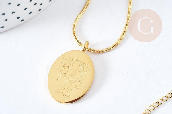 Collier médaille gravée ovale signe astrologique acier 304 inoxydable doré 30x20mm, x1 (G7648)