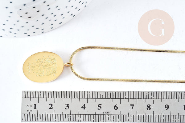 Collier médaille gravée ovale signe astrologique acier 304 inoxydable doré 30x20mm, x1 (G7648)