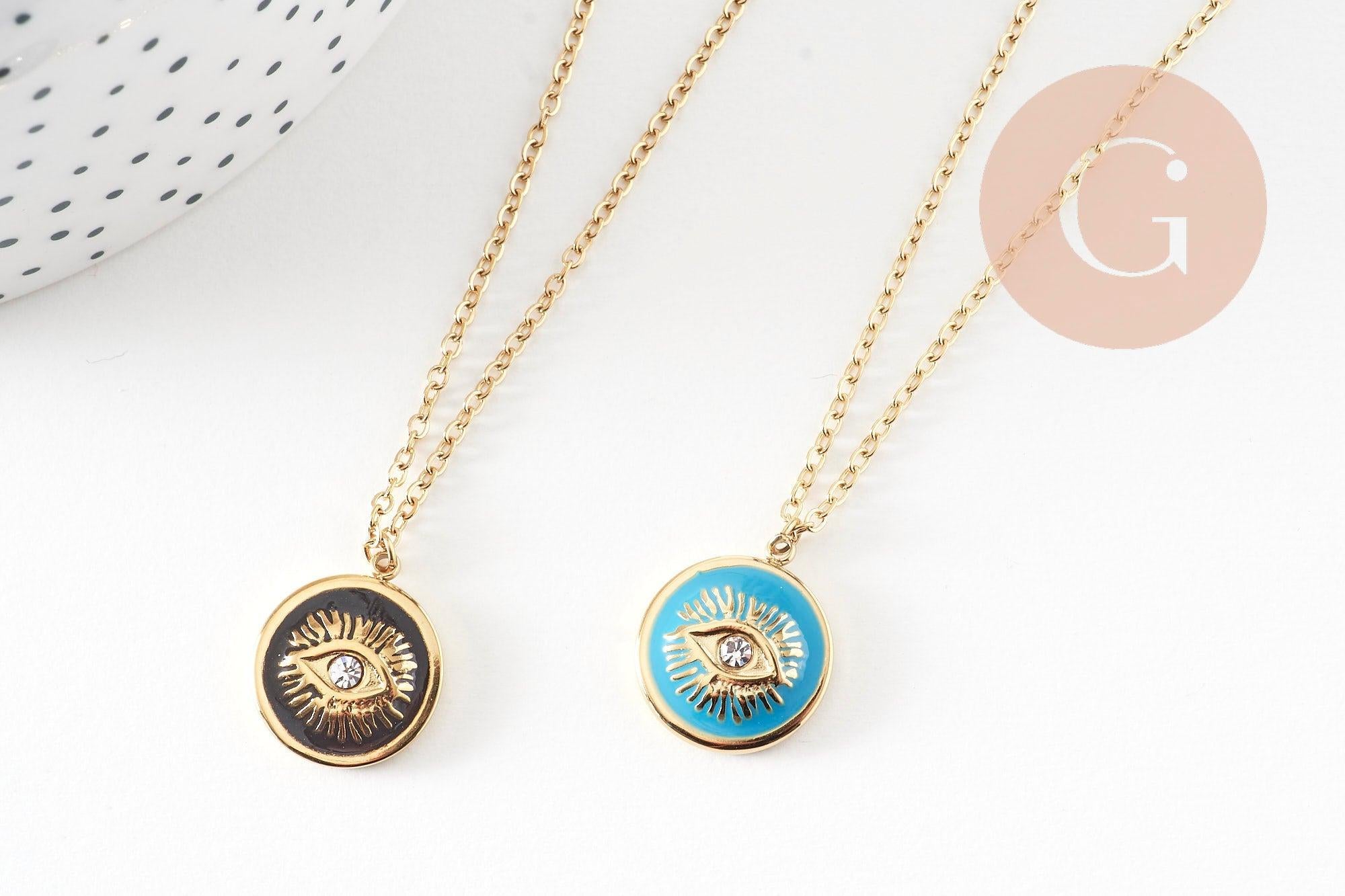 Collier Collier médaille oeil protecteur turquoise ou noir zircon doré 304 inoxydable émaillé 45cm, cadeau anniversaire fête des mères, x1 (G8028)