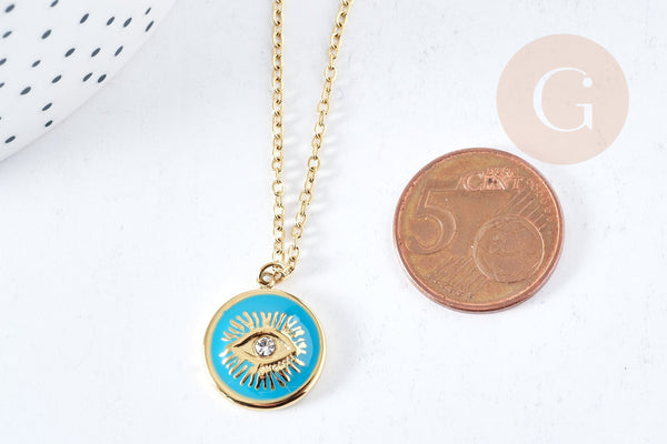 Collier médaille oeil protecteur turquoise ou noir zircon doré 304 inoxydable émaillé 45cm, cadeau anniversaire fête des mères, x1 (G8028)