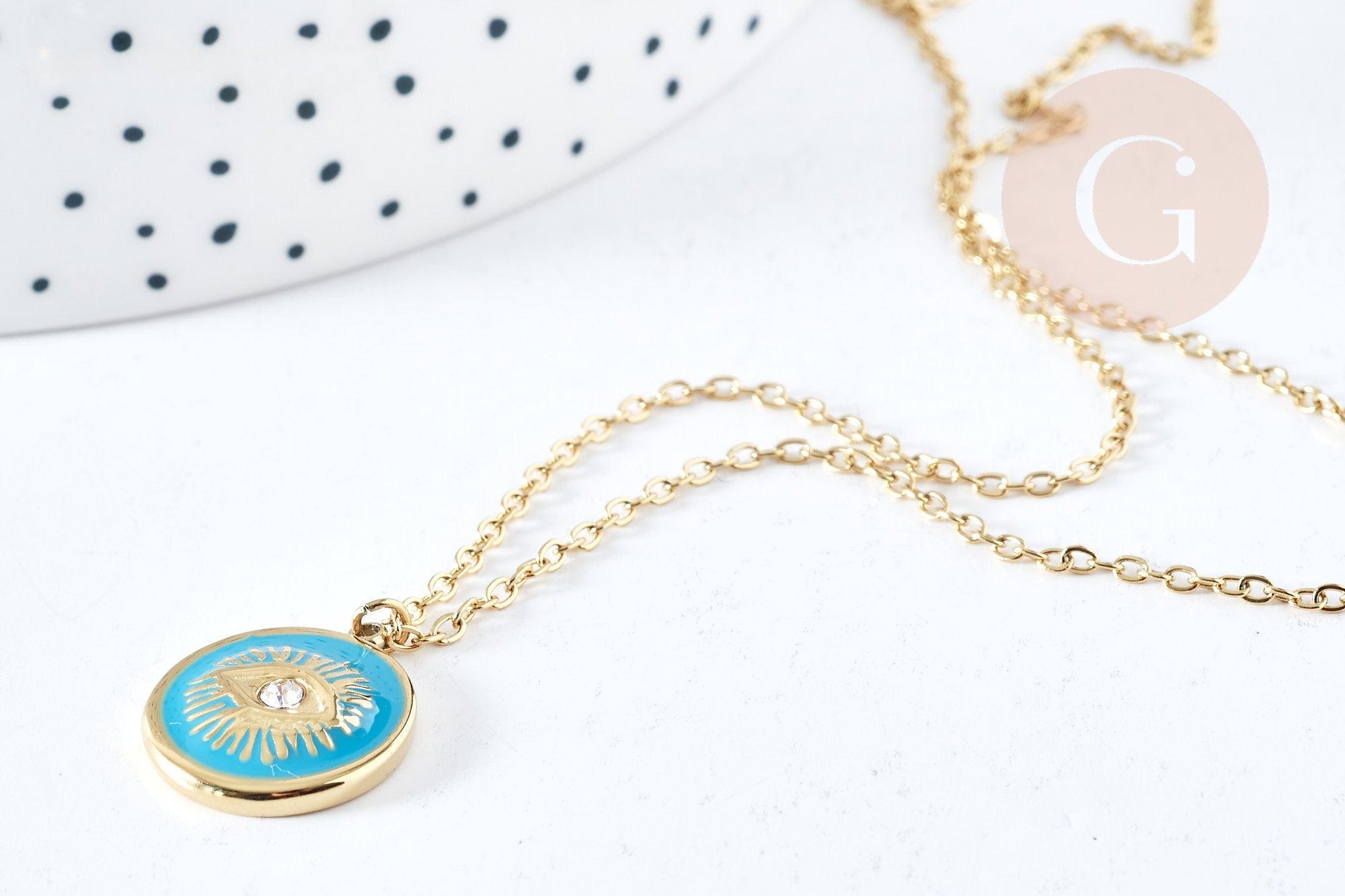 Collier Collier médaille oeil protecteur turquoise ou noir zircon doré 304 inoxydable émaillé 45cm, cadeau anniversaire fête des mères, x1 (G8028)