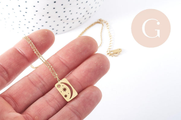 Collier médaille rectangle lune et étoiles acier 304 inoxydable doré 40cm, x1 (G9216)
