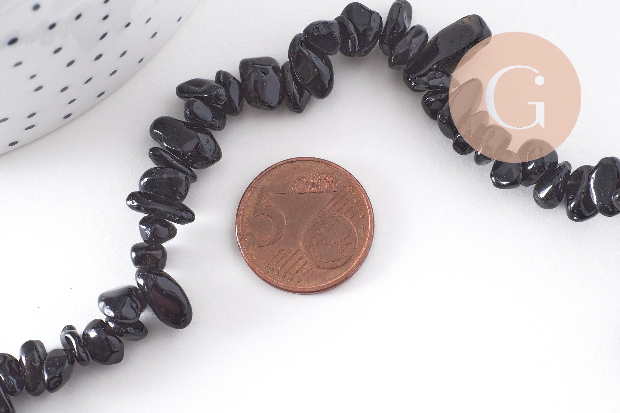 Collier obsidienne noire naturelle chips acier 304 inoxydable doré 40cm, x1 (G10266)