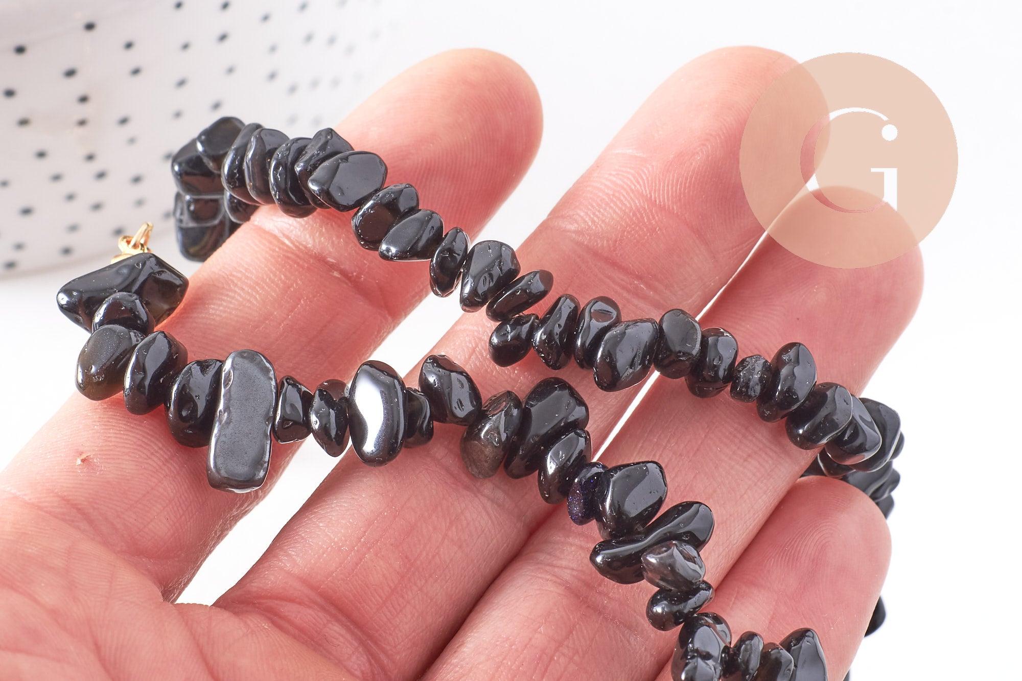 Collier obsidienne noire naturelle chips acier 304 inoxydable doré 40cm, x1 (G10266)