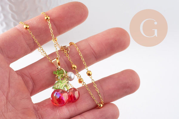 Collier pendentif fruits laiton doré et résine 44.9mm, x1 (G10279)