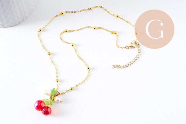 Collier pendentif fruits laiton doré et résine 44.9mm, x1 (G10279)