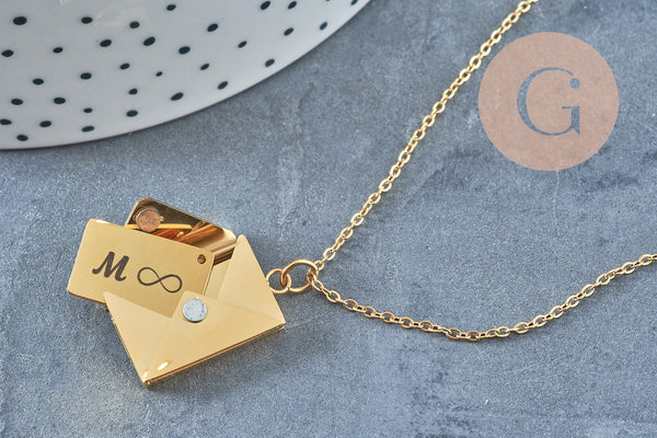 Collier pendentif locket enveloppe avec carte personnalisable acier 304 inoxydable doré IP, x1 (G10202)