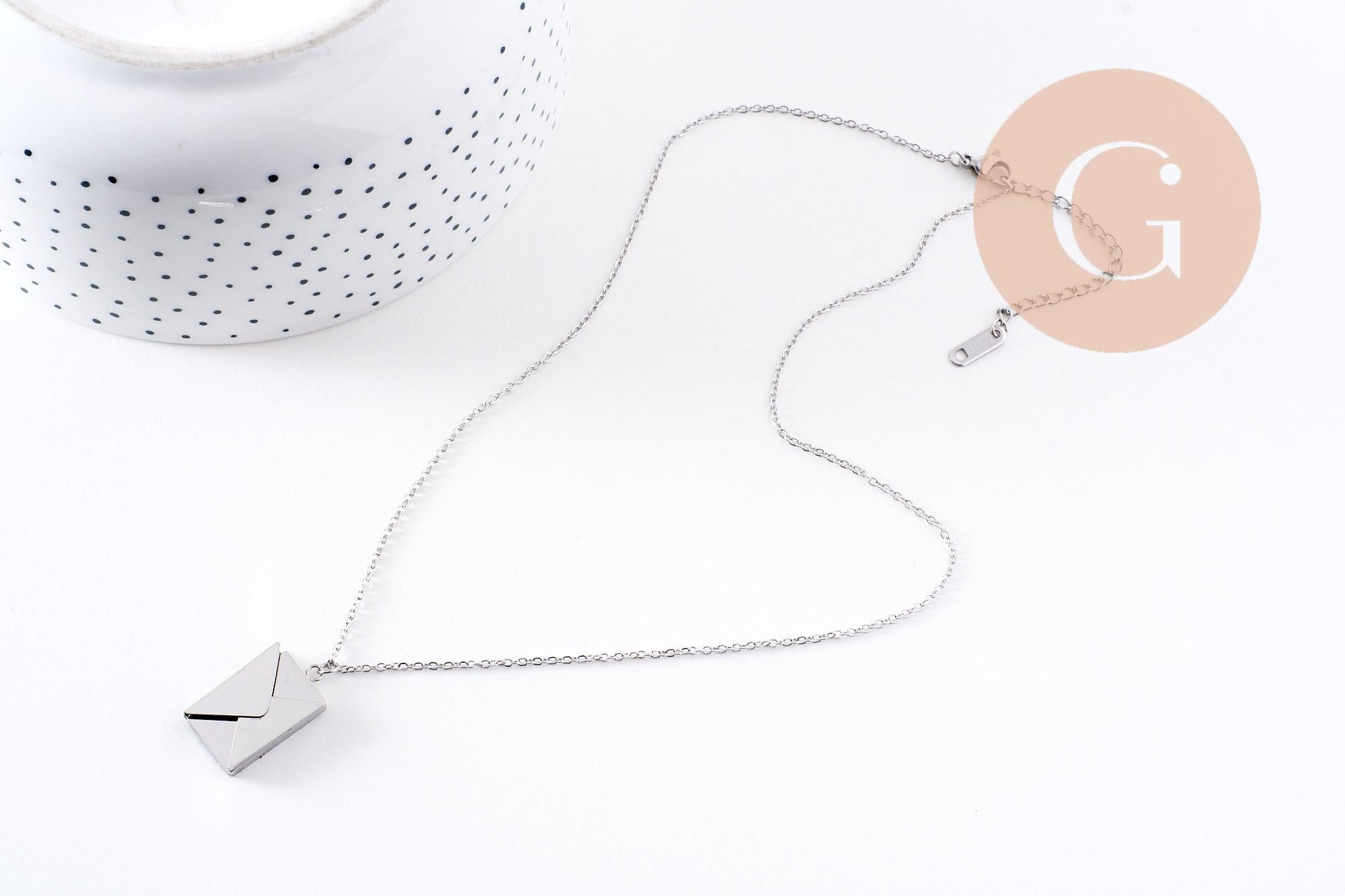 Collier pendentif locket enveloppe avec carte personnalisable acier 304 inoxydable platine, x1 (G10203)
