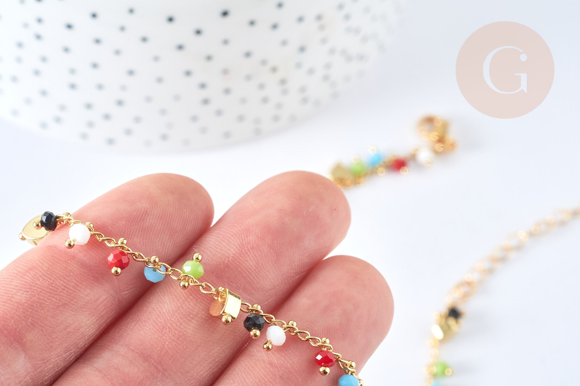 Collier Collier réglable perles de verre facettées cœurs laiton doré 38cm, bijoux fantaisie DIY, x1, G7396