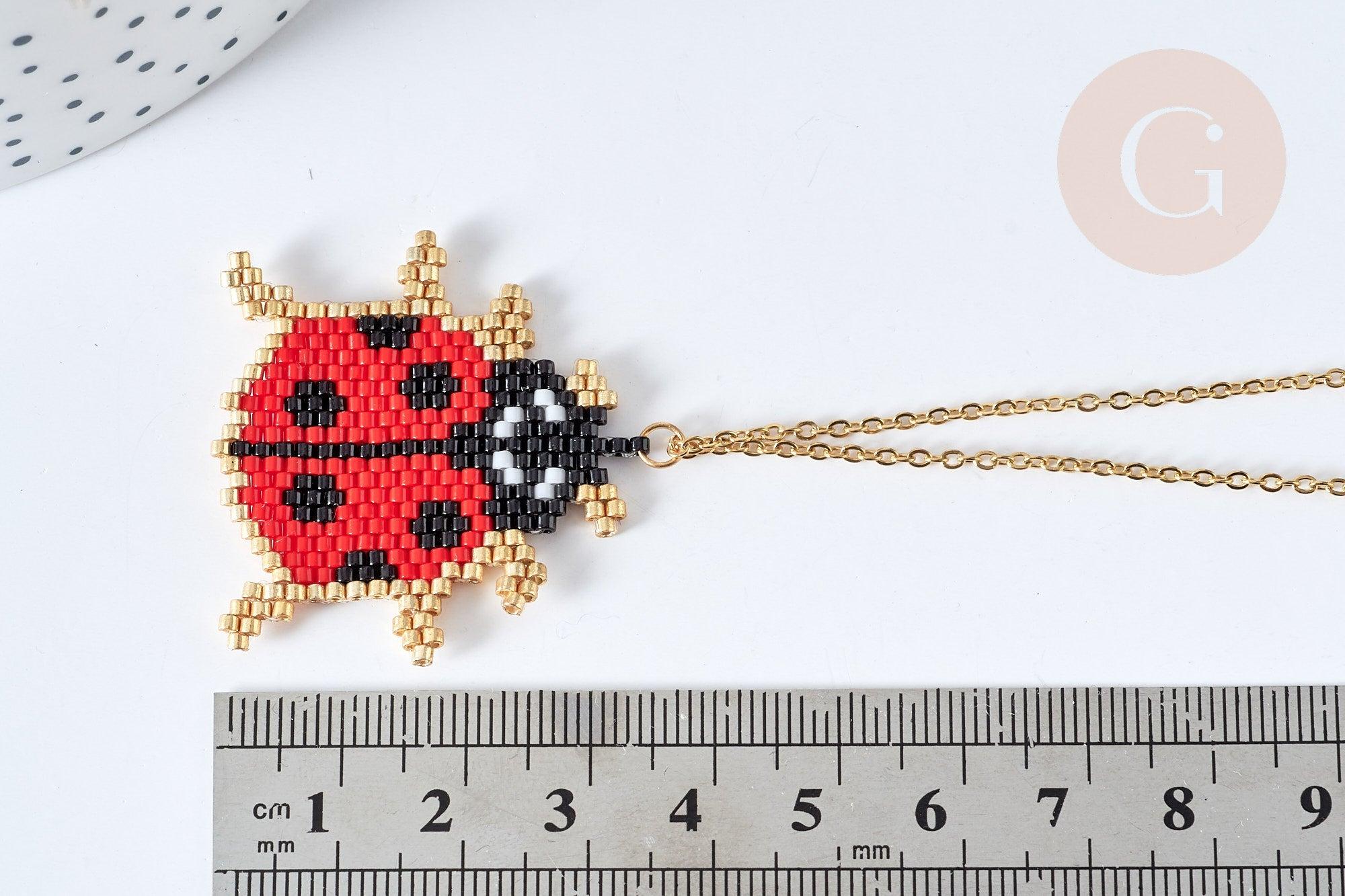 Collier sautoir pendentif tissage coccinelle perle de rocailles acier doré 50cm, cadeau pour femme, x1 (G7688)