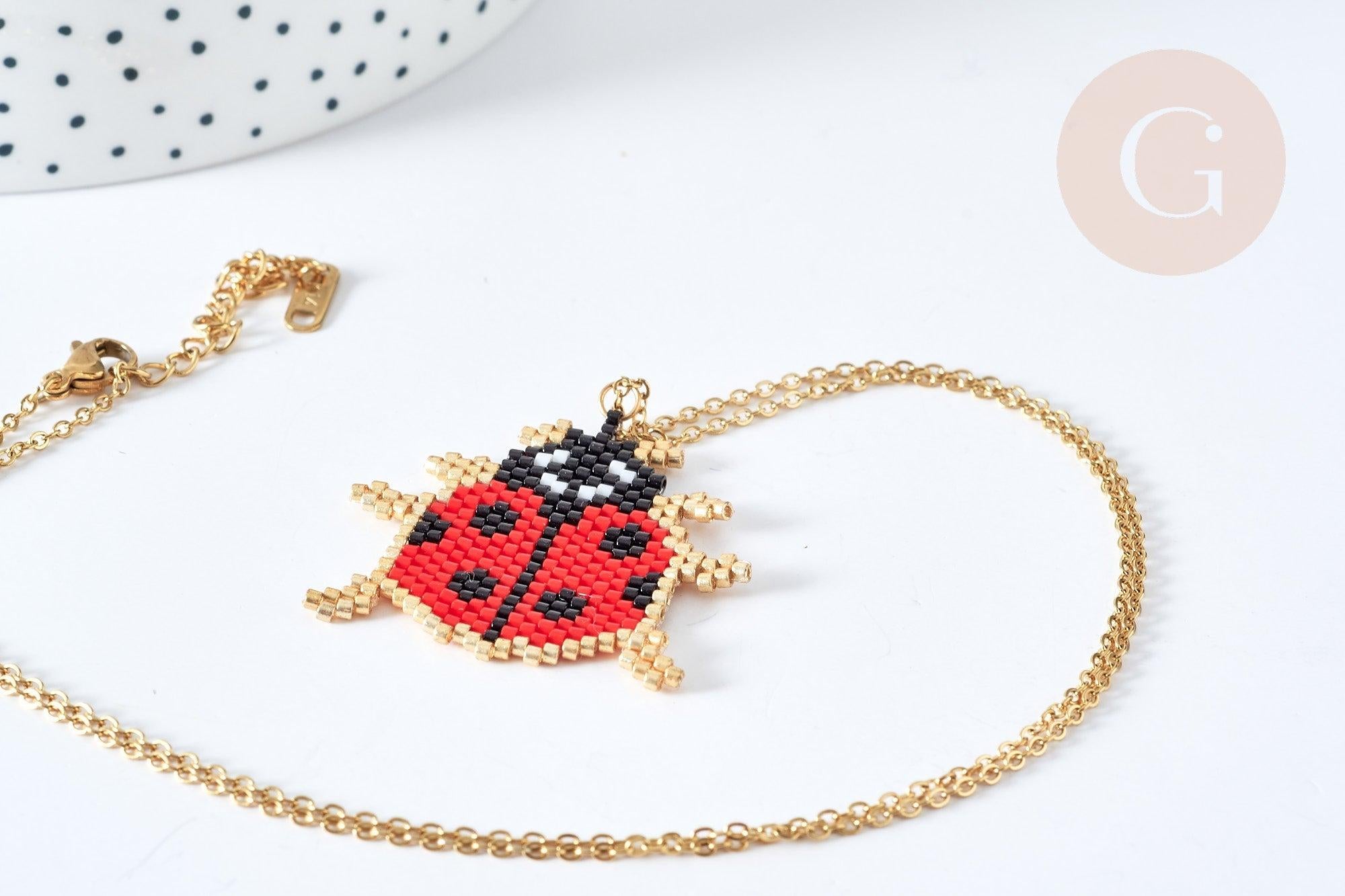 Collier sautoir pendentif tissage coccinelle perle de rocailles acier doré 50cm, cadeau pour femme, x1 (G7688)