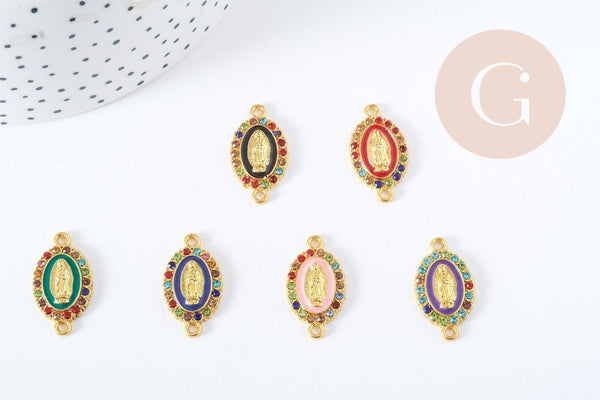 Connecteur Vierge Marie ovale zamac doré émail strass multicolore 24mm x1 (G8887)