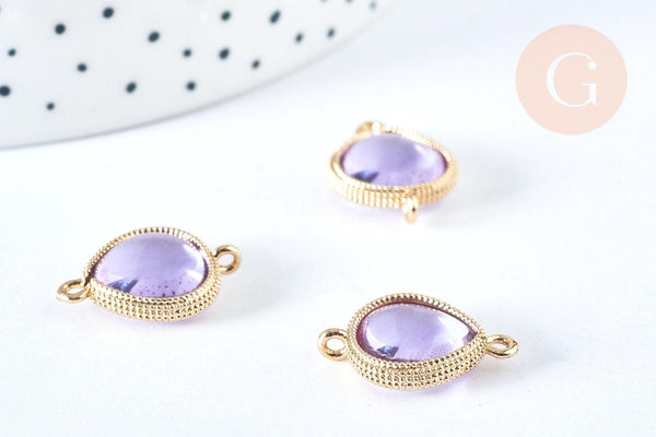 Connecteur goutte cristal verre jade laiton doré 19mm, pendentif imitation jade goutte fabrication bijoux en verre Lilas, x1 G6970
