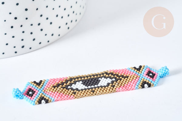 Connecteur rectangle perles de rocaille multicolore mauvais œil 17,5mm, connecteur bracelet rocaille, connecteur mauvais oeil x1 (G8515)