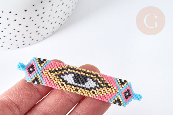 Connecteur rectangle perles de rocaille multicolore mauvais œil 17,5mm, connecteur bracelet rocaille, connecteur mauvais oeil x1 (G8515)