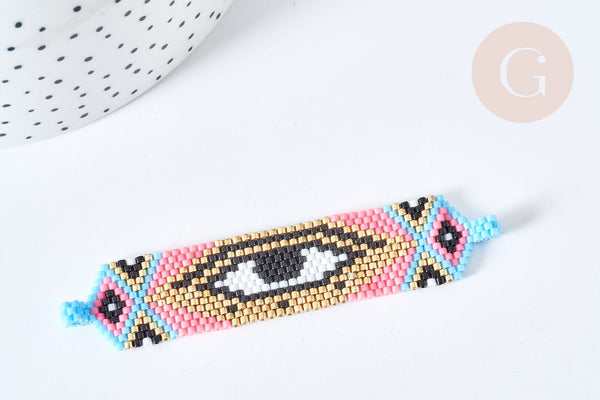 Connecteur rectangle perles de rocaille multicolore mauvais œil 17,5mm, connecteur bracelet rocaille, connecteur mauvais oeil x1 (G8515)