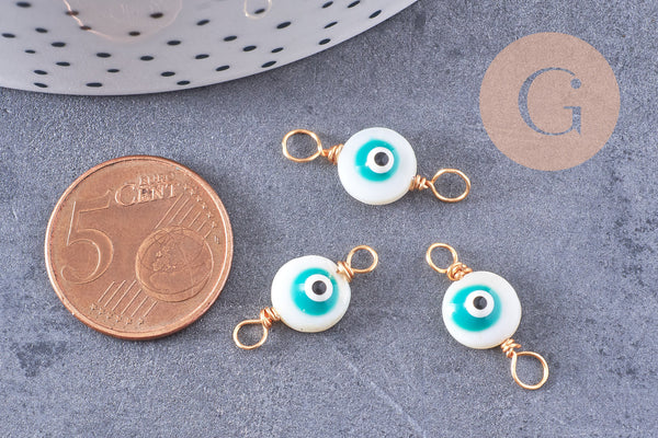 Connecteur rond nacre naturelle blanche mauvais oeil zamac doré 18.5mm, x5 (G3685)