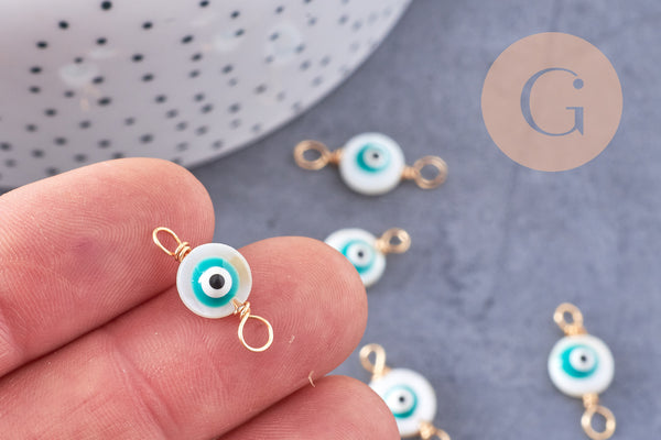 Connecteur rond nacre naturelle blanche mauvais oeil zamac doré 18.5mm, x5 (G3685)