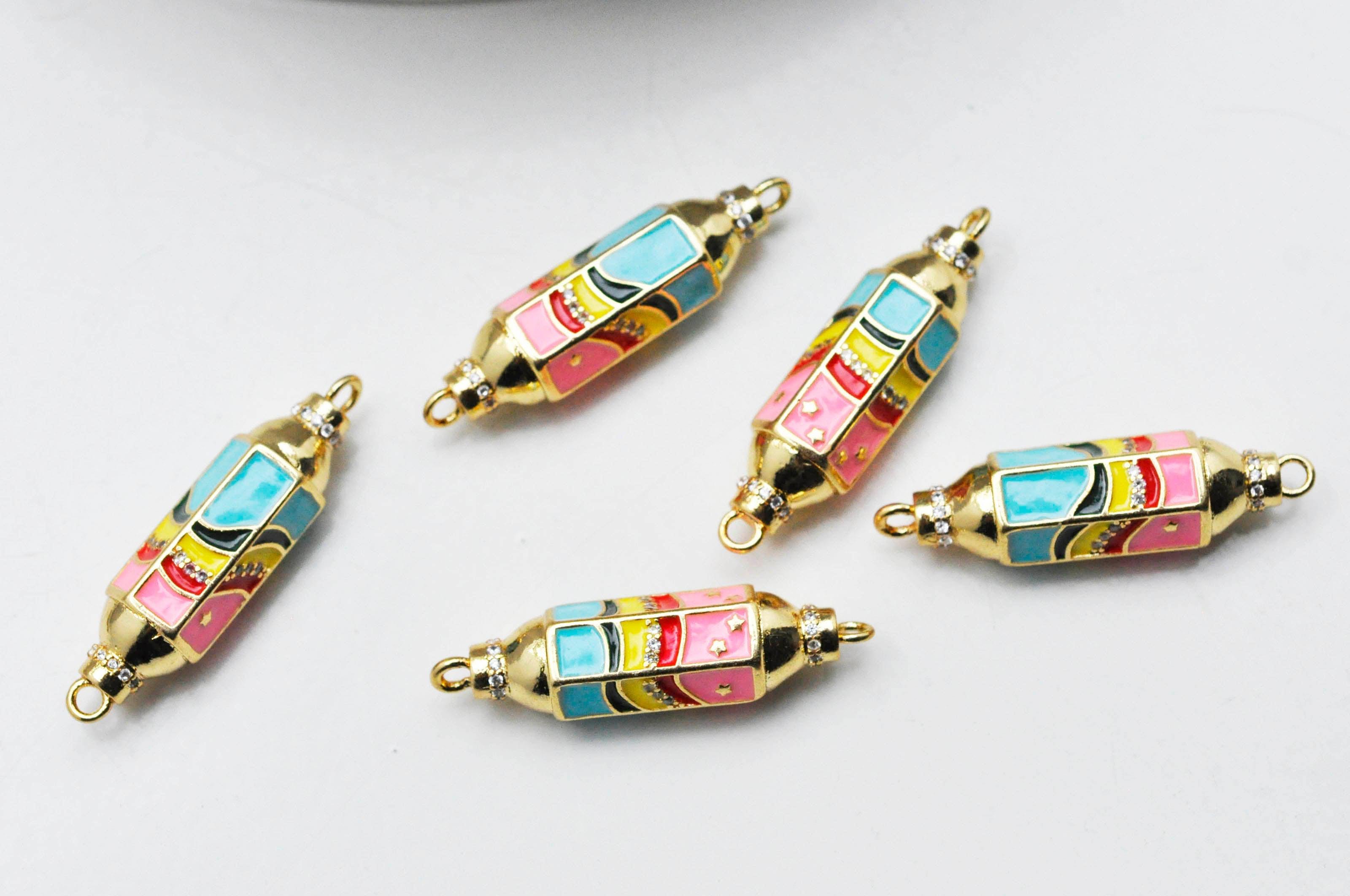 Connecteur tube talisman arc-en -ciel laiton doré 18K émaillé 37.5mm, x1
