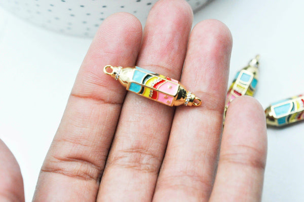 Connecteur tube talisman arc-en -ciel laiton doré 18K émaillé 37.5mm, x1