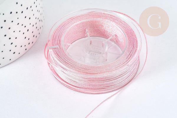 Cordon Métallisé rose clair polyester 1mm, cordon pour bijoux, x1 mètre G7474