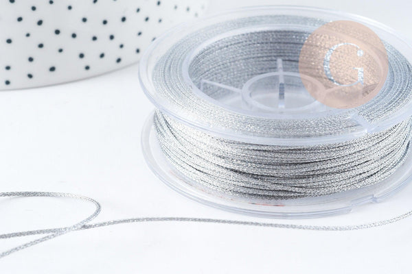 Cordon argent métallisé polyester 1mm, fil pour bijoux noeud coulissant, x1 mètre G9091