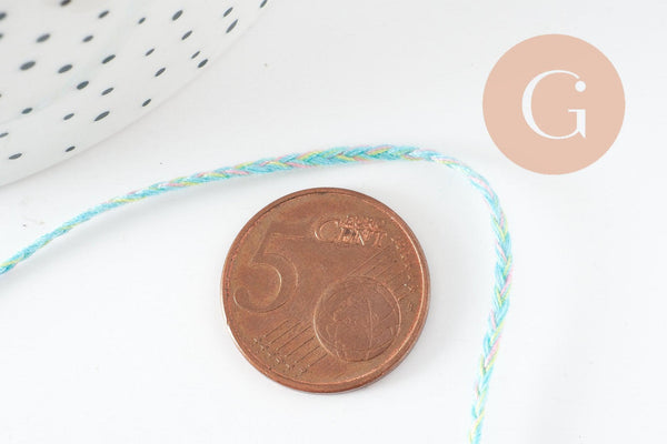 Cordon en polyester tressé Turquoise jaune 2mm, cordon pour bijoux scrapbooking et fabrication bijoux, x1 mètre (G9882)