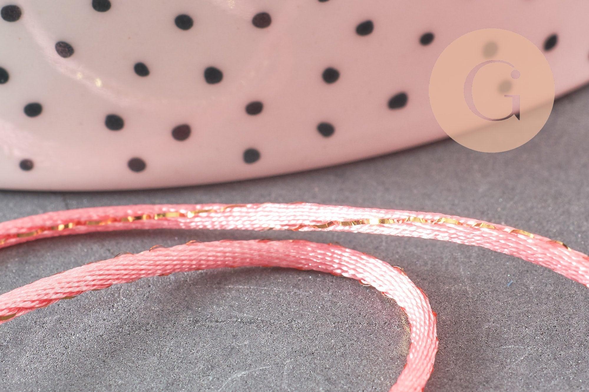 Cordon queue de rat nylon satiné rose et or 1.5mm, x1 mètre (G3762)