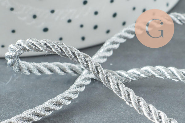 Cordon satiné torsadé argent 2-3mm, x1 ou x5 mètres (G1382)