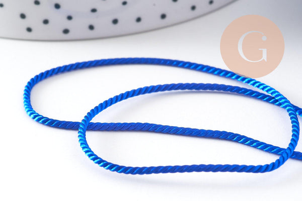 Cordon satiné torsadé bleu roi 2mm, x1 mètre (G10886)