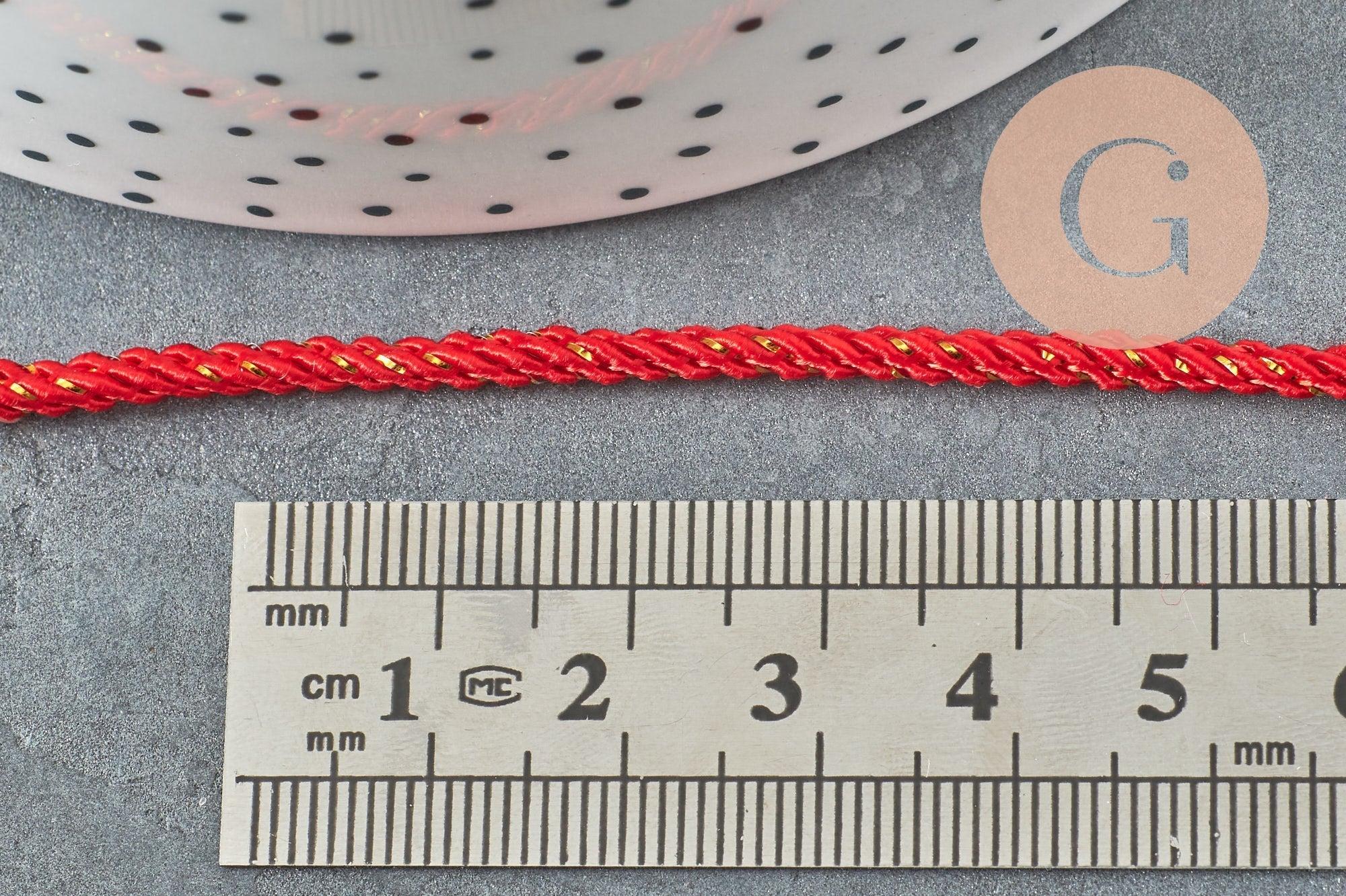 Cordon satiné torsadé rouge et or largeur 2.5-3mm, x1 mètre (G6713)