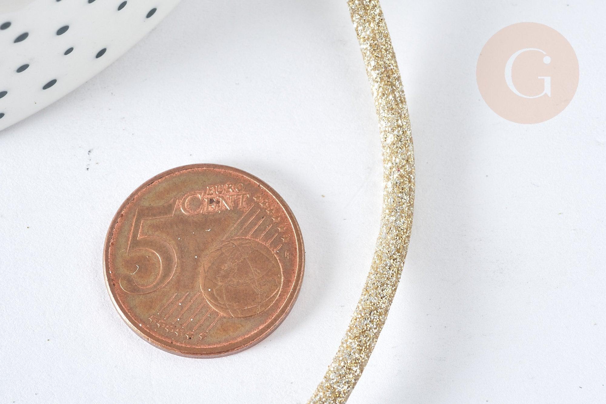 Cordon similicuir beige à paillettes doré 3mm, x1 mètre (G7464)