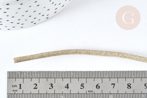 Cordon similicuir beige à paillettes doré 3mm, x1 mètre (G7464)