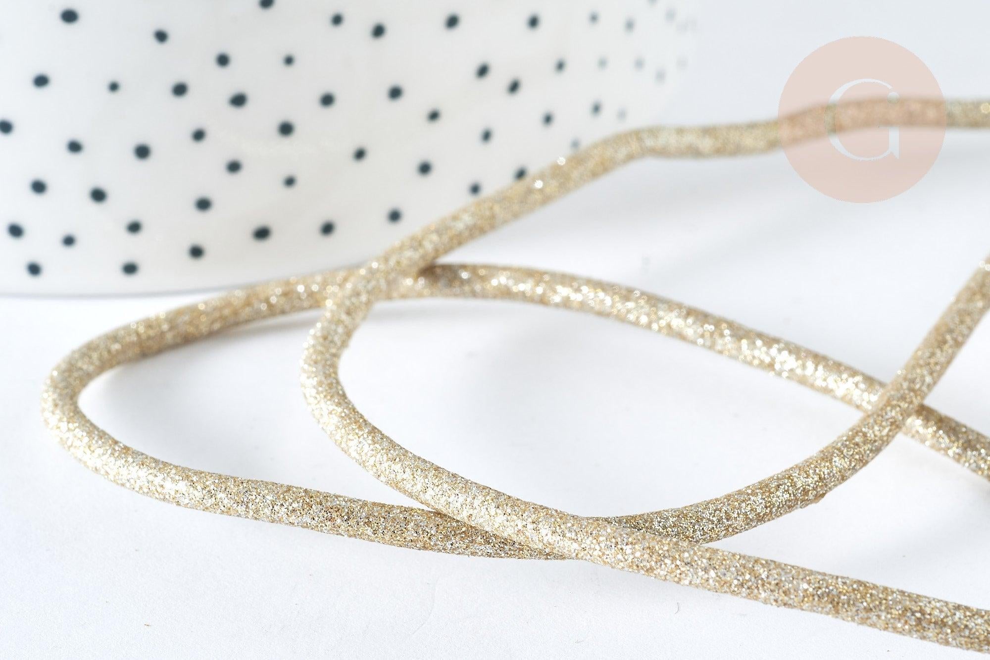 Cordon similicuir beige à paillettes doré 3mm, x1 mètre (G7464)