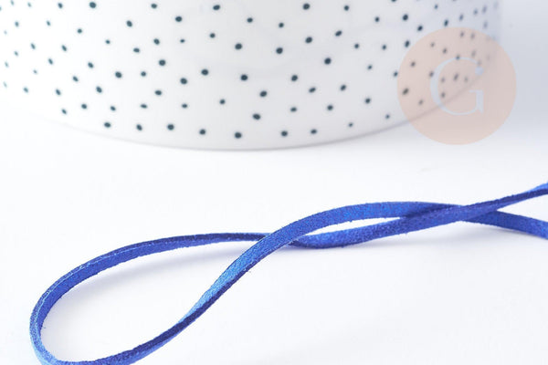 Cordon suédé bleu roi à paillettes imitation cuir 3-4mm, x1 mètre (G0780)