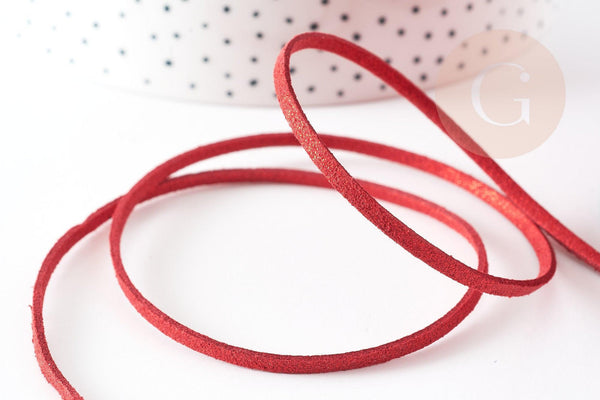 Cordon suédé rouge à paillettes imitation cuir 3-4mm, x1 mètre (G4798)