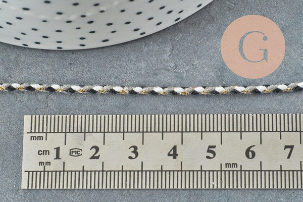 Cordon tressé Blanc noir gris fil doré 2mm, x1 mètre (G5860)
