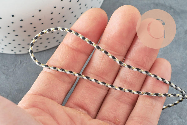 Cordon tressé Blanc noir gris fil doré 2mm, x1 mètre (G5860)