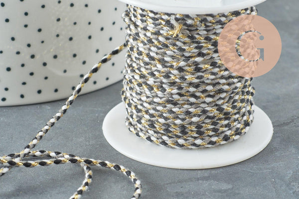 Cordon tressé Blanc noir gris fil doré 2mm, x1 mètre (G5860)