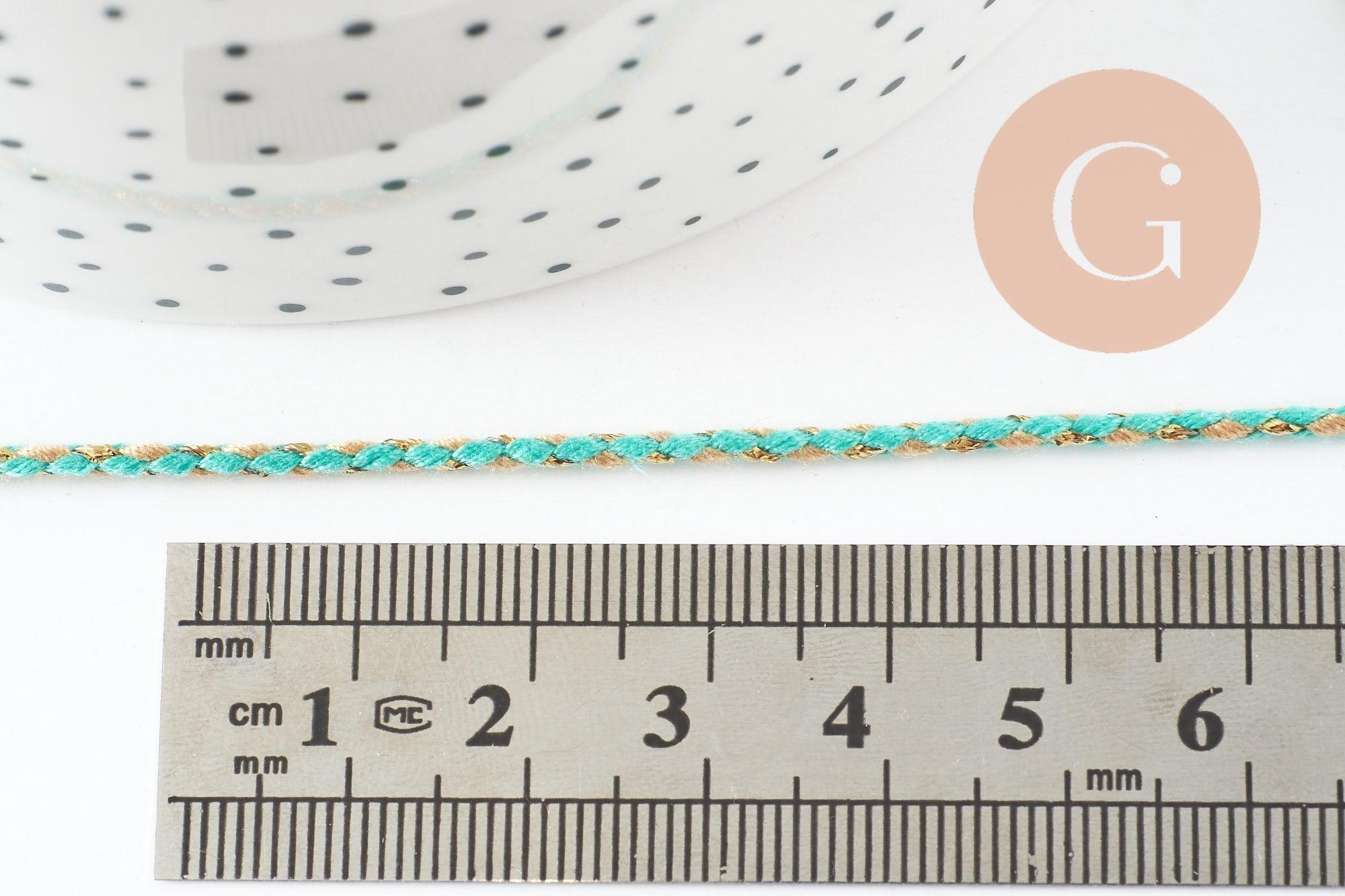 Cordon tressé Vert Jaune turquoise or 1.5mm x1 mètre G9731