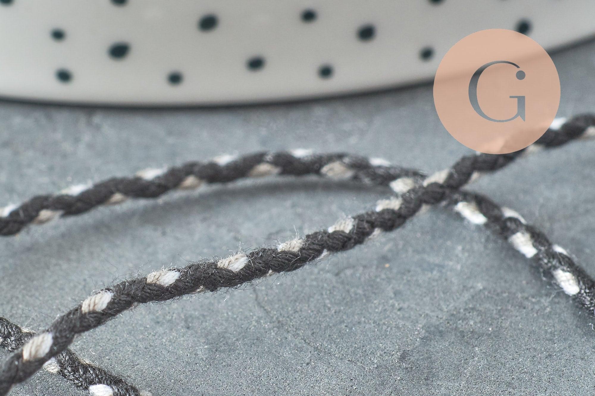 Cordon tressé blanc noir gris 2mm, x1 mètre (G5811)