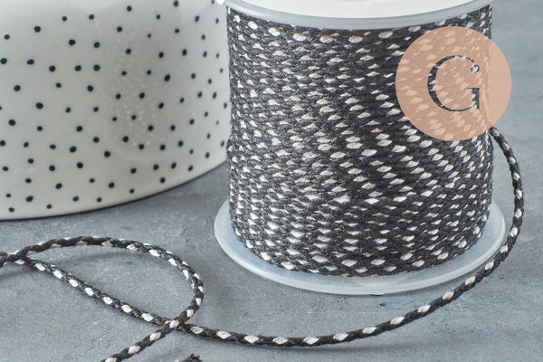 Cordon tressé blanc noir gris 2mm, x1 mètre (G5811)