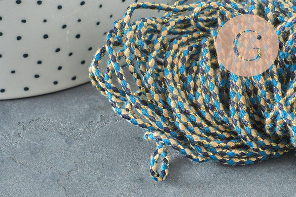 Cordon tressé bleu beige fil doré 2mm, x1 mètre (G5808)
