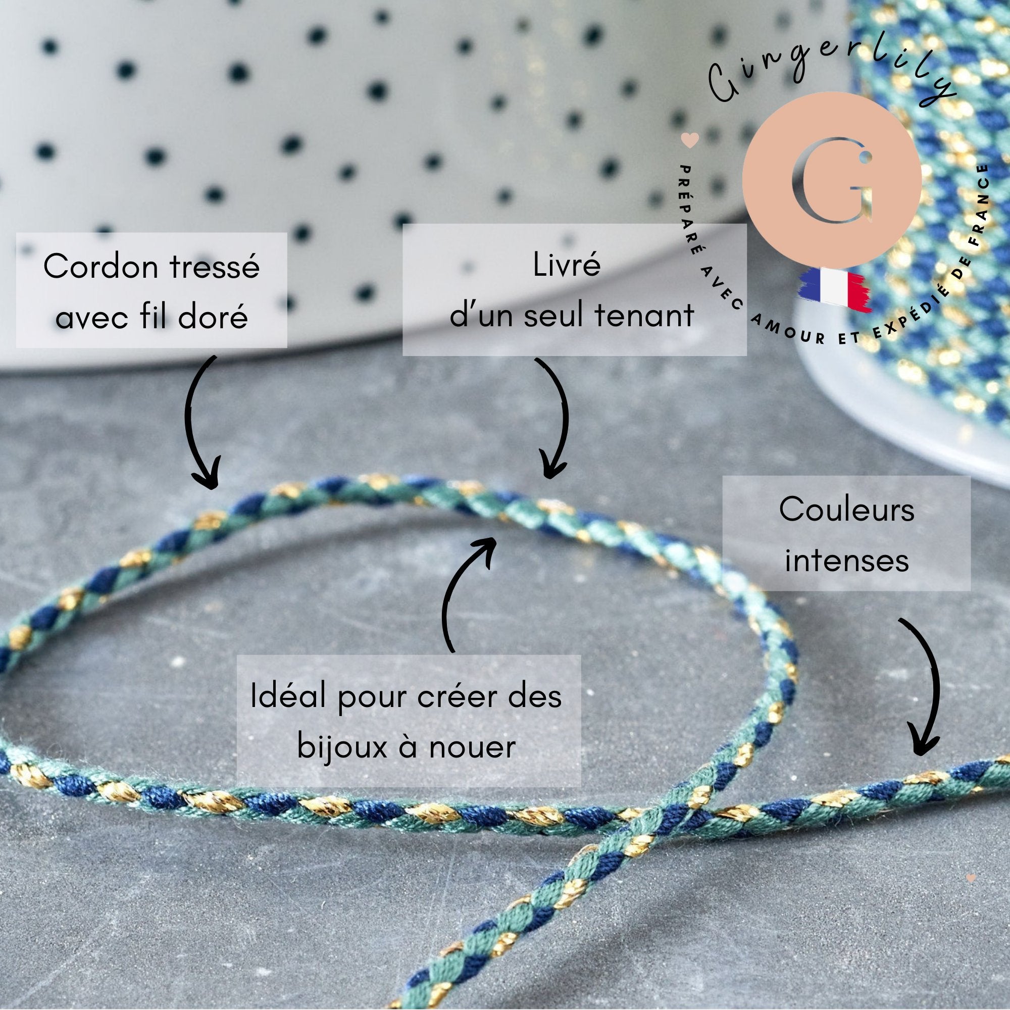 Cordon tressé bleu marine turquoise fil doré 1.5mm-2mm,cordon multicolore scrapbooking, x1 mètre G8122