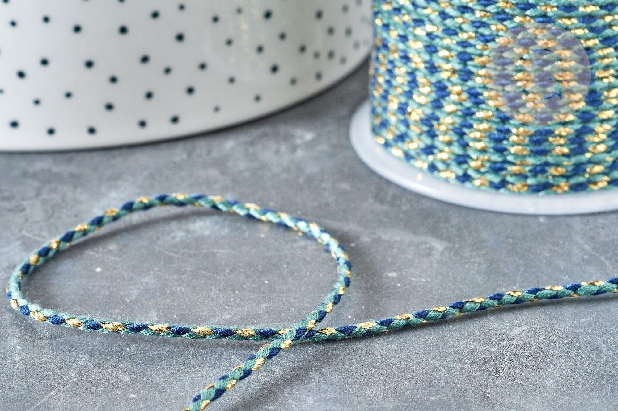 Cordon tressé bleu marine turquoise fil doré 1.5mm-2mm,cordon multicolore scrapbooking, x1 mètre G8122