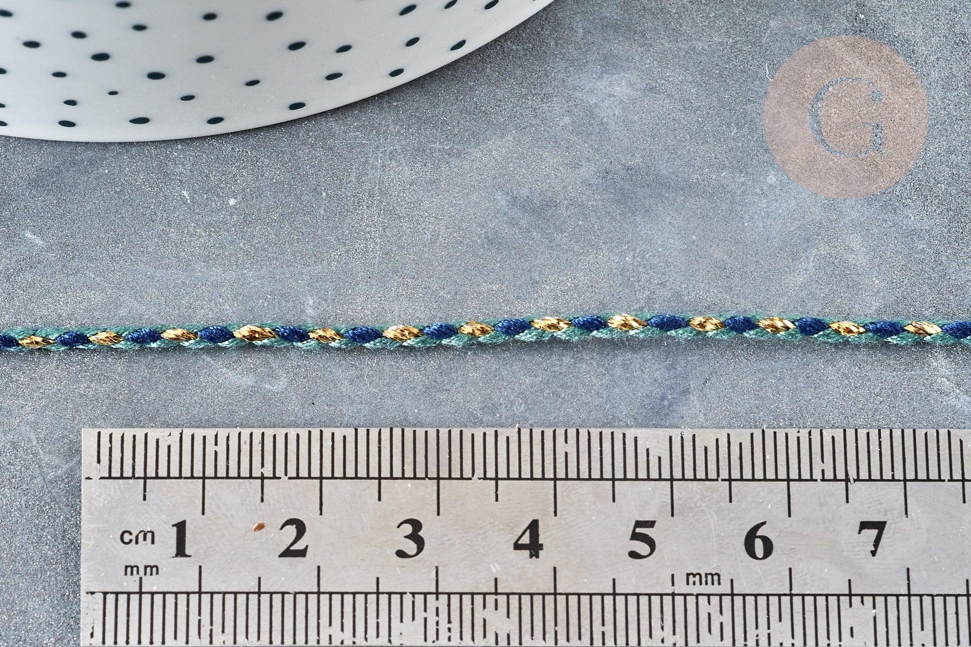 Cordon tressé bleu marine turquoise fil doré 1.5mm-2mm,cordon multicolore scrapbooking, x1 mètre G8122