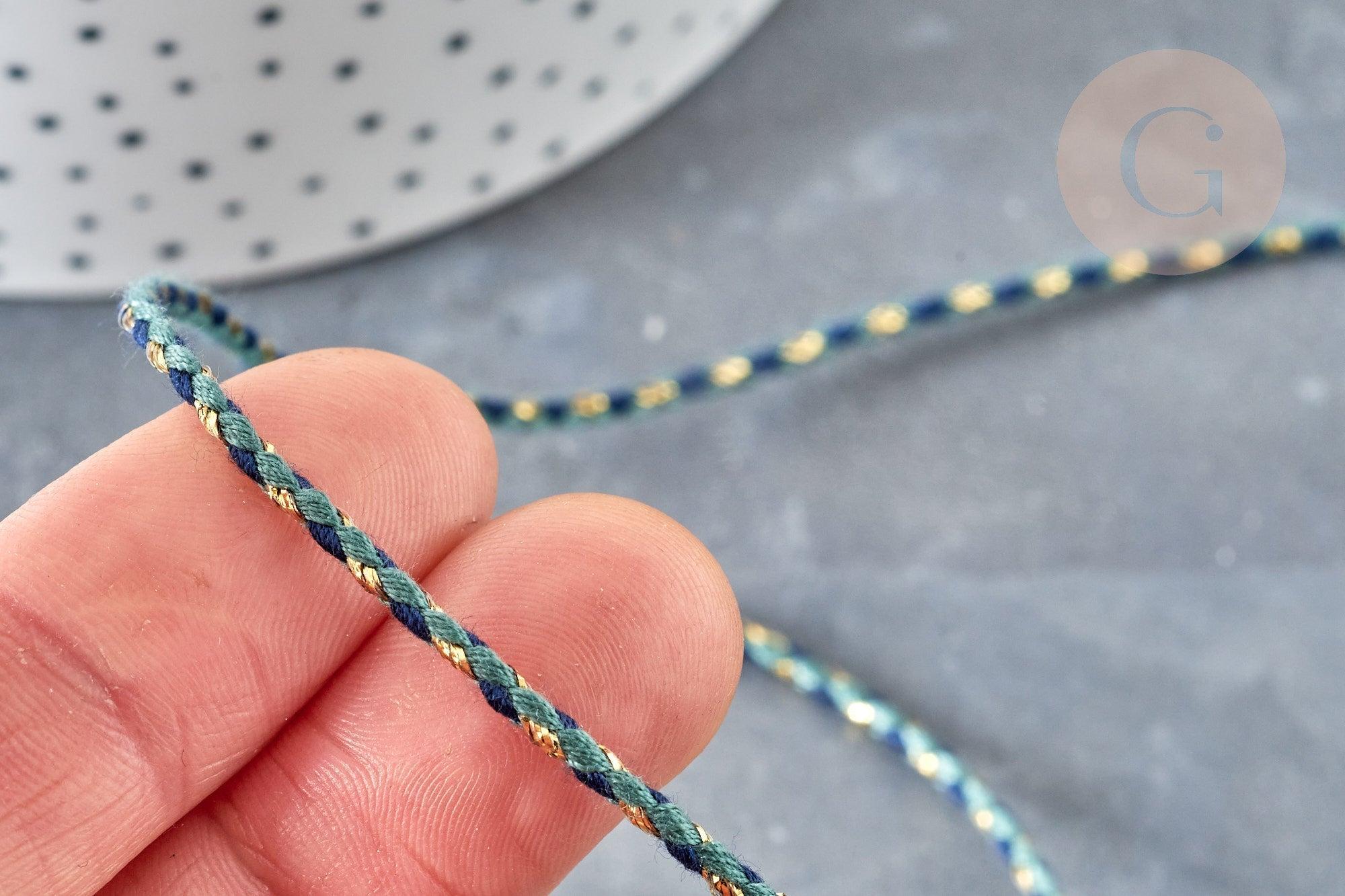 Cordon tressé bleu marine turquoise fil doré 1.5mm-2mm,cordon multicolore scrapbooking, x1 mètre G8122