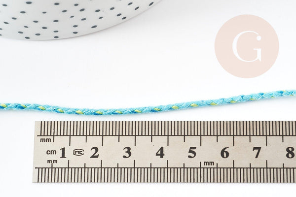 Cordon tressé coton turquoise jaune 2mm, x1 mètre (G9120)