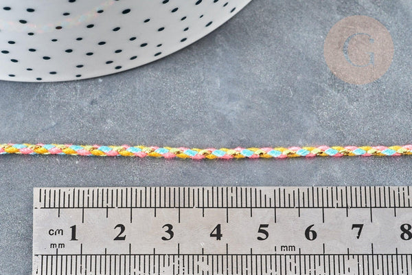 Cordon tressé jaune rose turquoise fil doré 1.5mm-2mm, x1 mètre (G8124)